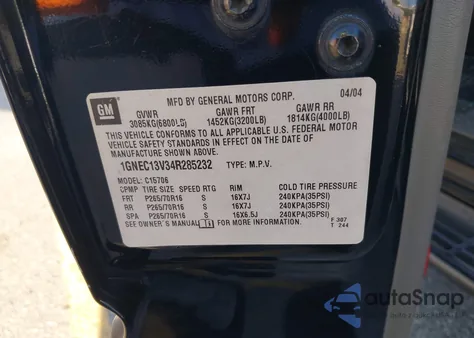 2004 Chevrolet Tahoe Ls z USA, uszkodzony, nr VIN 1GNEC13V34R285232